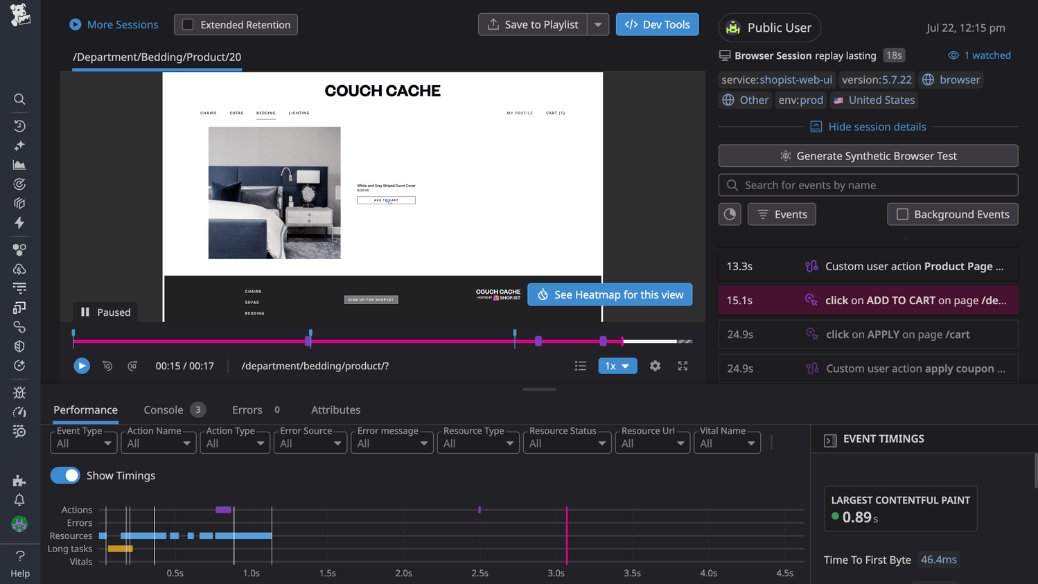 Datadog Session Replay showing a recorded user session with frustration signals, rage clicks, and the connected APM trace panel
