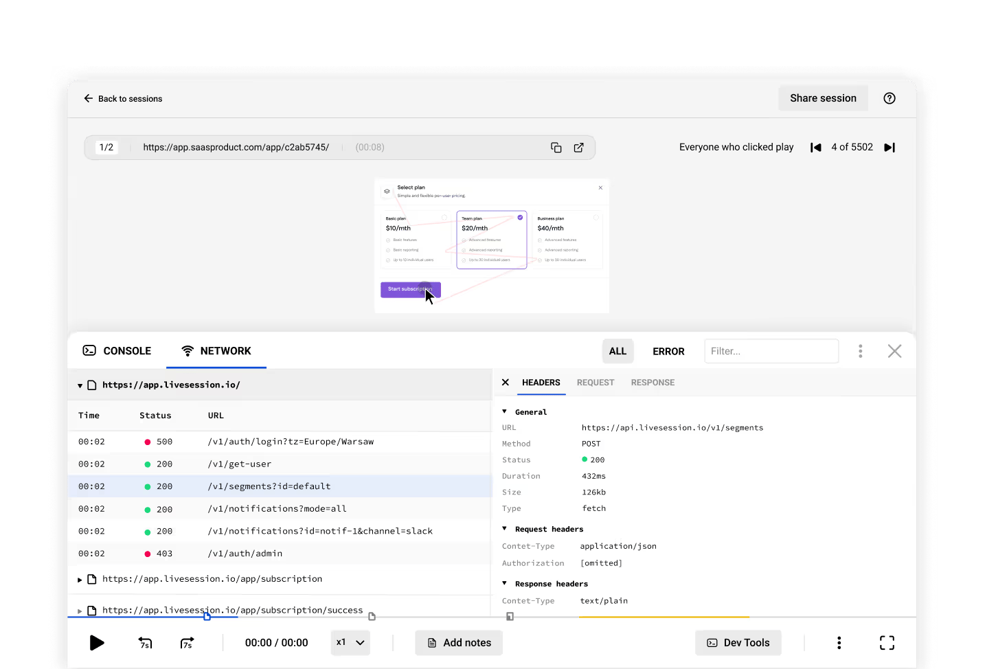 Screenshot of LiveSession: developer tools