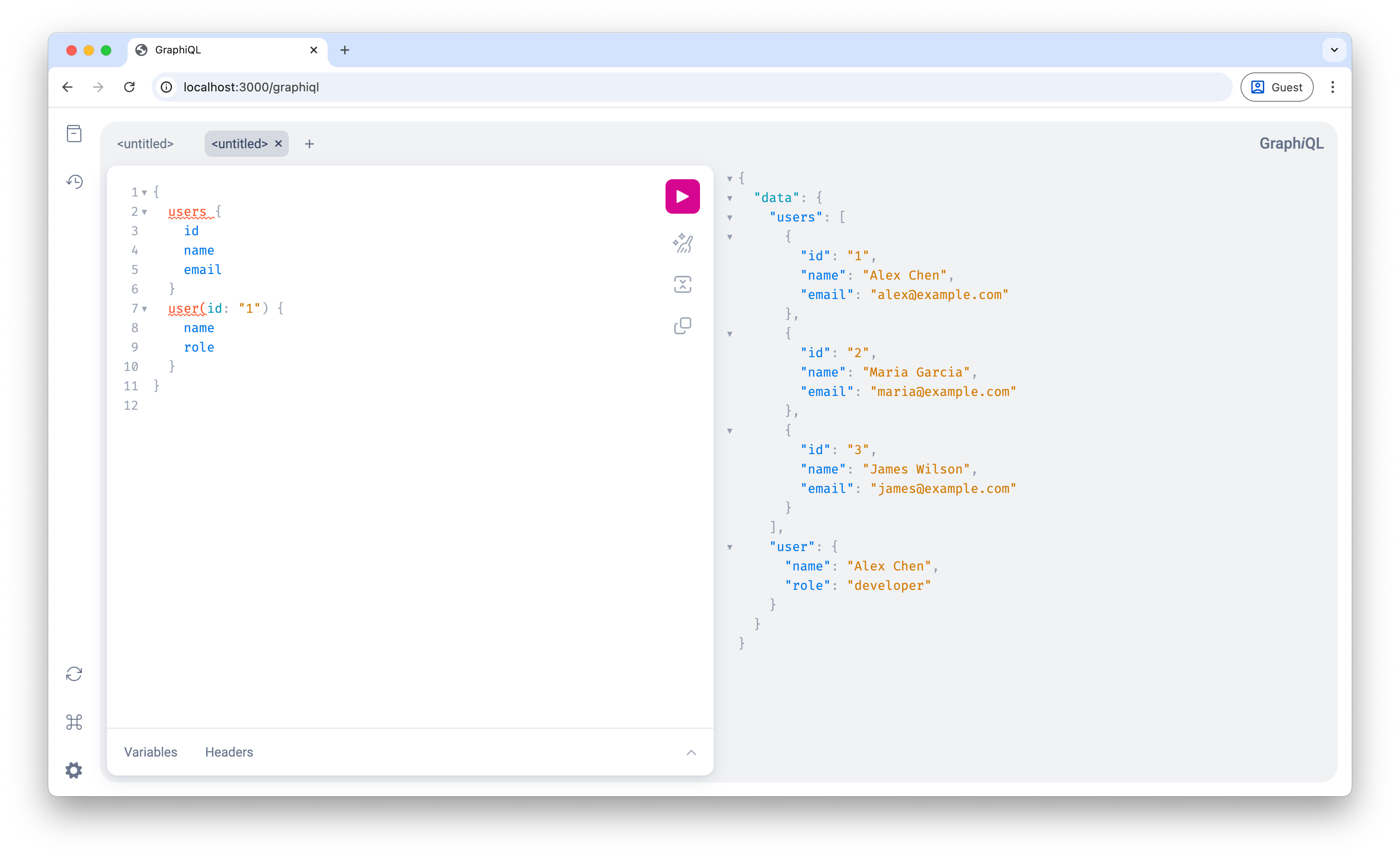Screenshot of GraphiQL showing list query results
