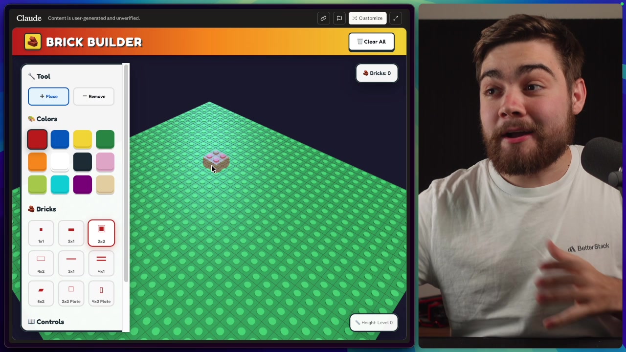The Brick Builder interface showing a 3D grid, LEGO creation in progress, and sidebar with color and brick selection options