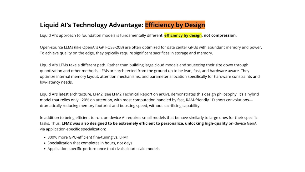 Slide from Liquid AI's technical documentation highlighting the "Efficiency by Design" philosophy with the phrase "efficiency by design, not compression"