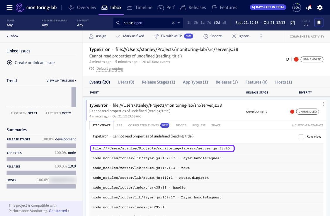 BugSnag stack trace with frames and no source lines