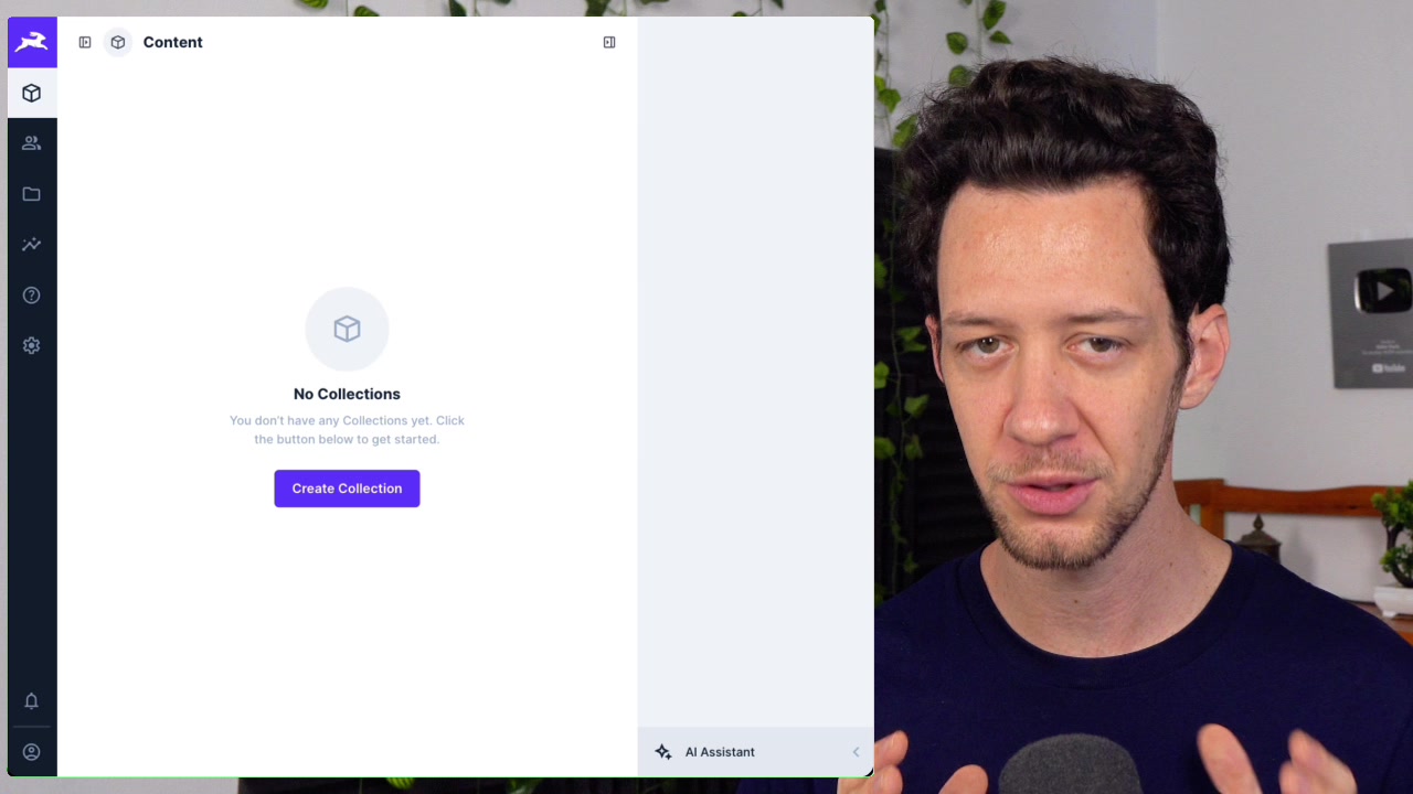 Clean slate of a new Directus project showing "No Collections" and a prompt to create one