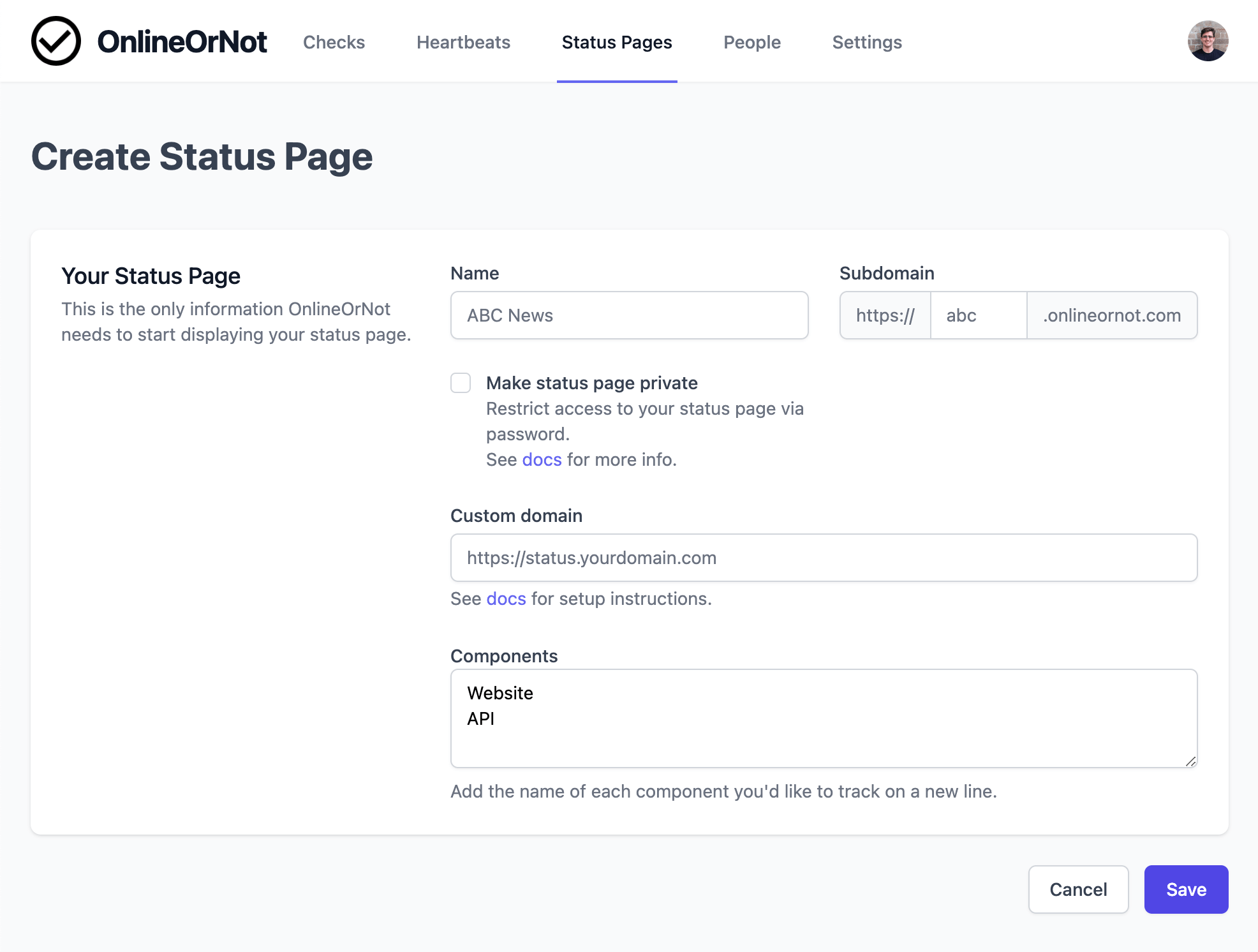 Screenshot of create status page form