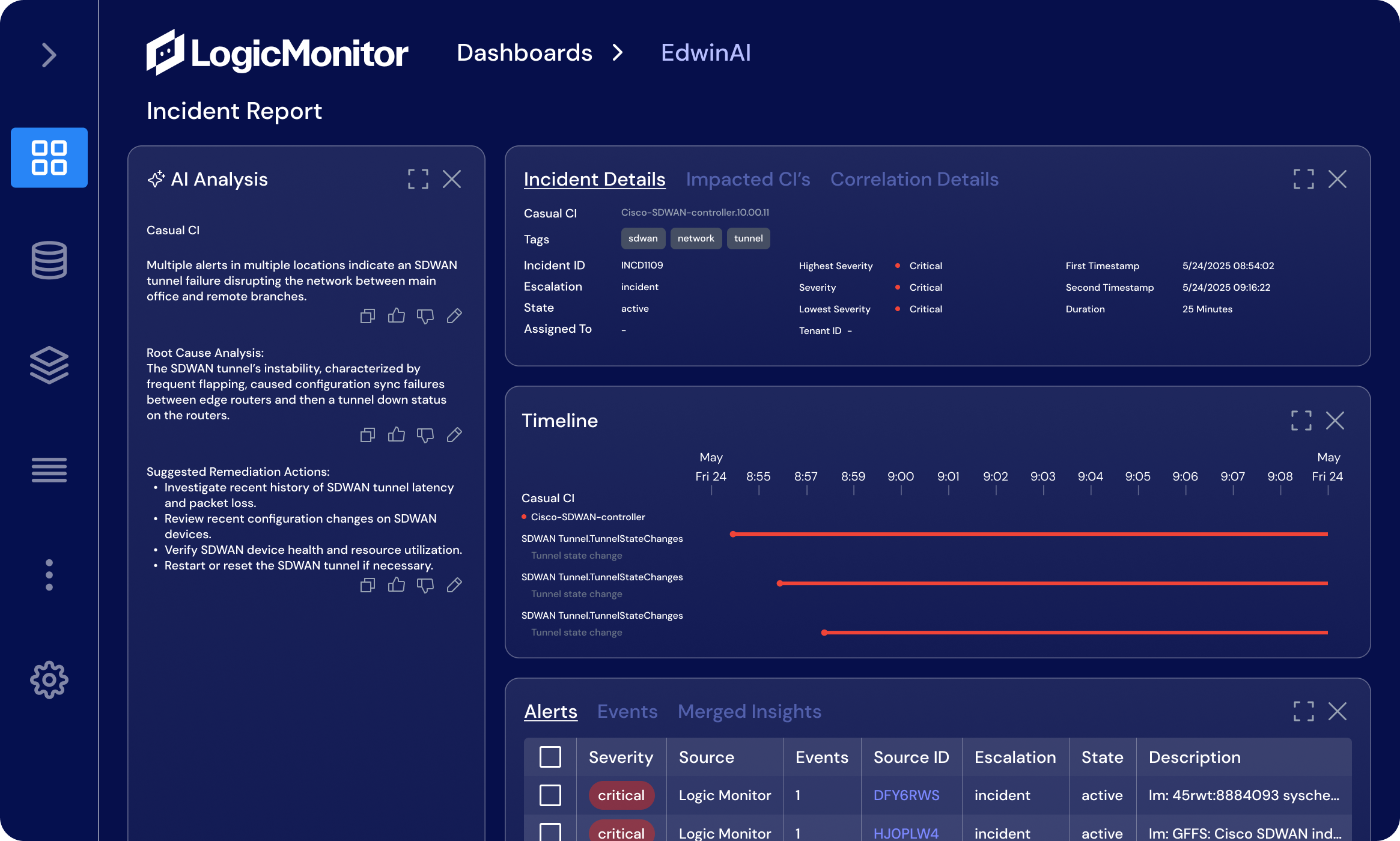 SCREENSHOT: Edwin AI conversational investigation surface with topology and CMDB context