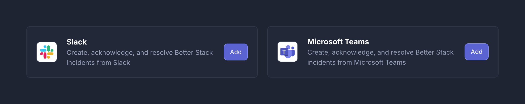 Slack card with Add button on the Integrations page