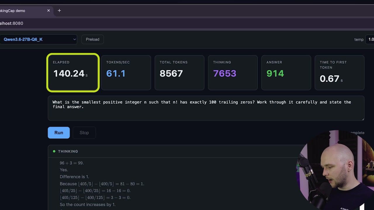 The final statistics for the base Qwen model run, highlighting the 140.24-second elapsed time and the 7,653 thinking tokens.