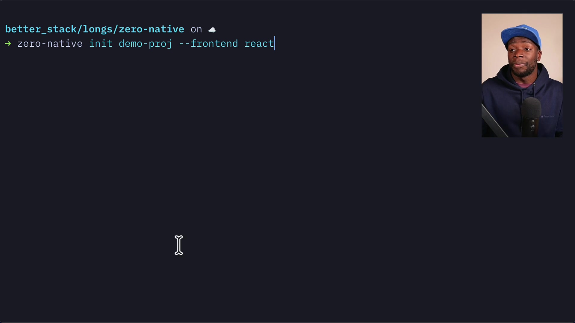 The zero-native init command being typed into the terminal with the project name and --frontend flag