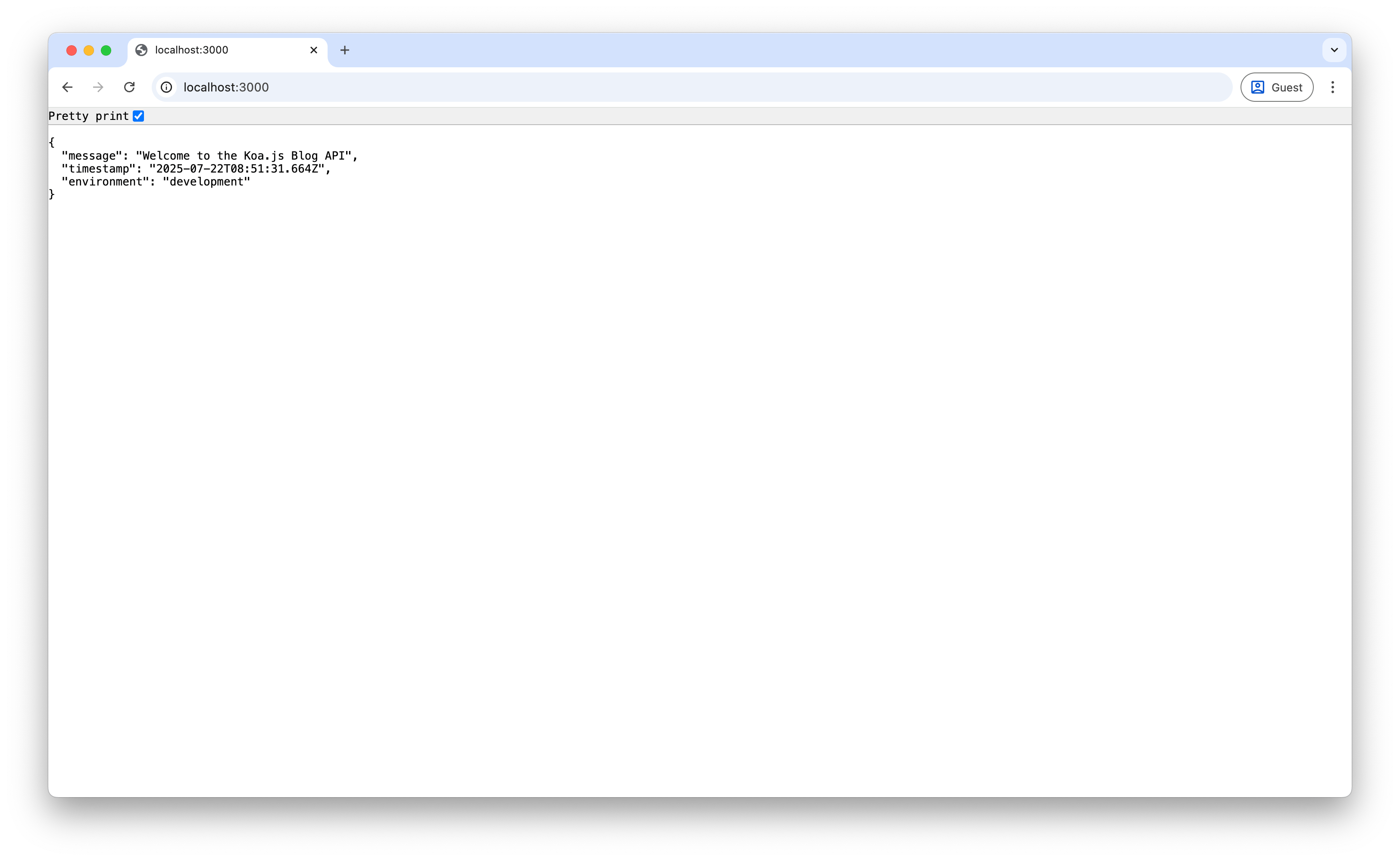Screenshot of Koa.js welcome response in browser