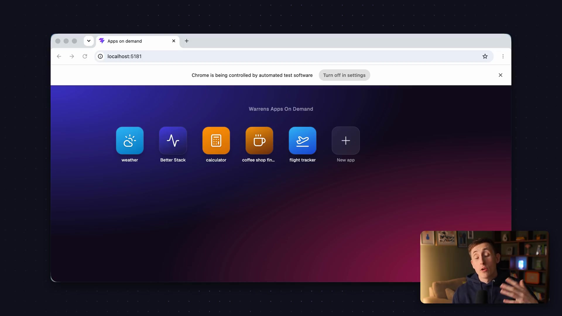 A final redesigned application running in a browser window controlled by automated test software, showing the result of the agent's work.