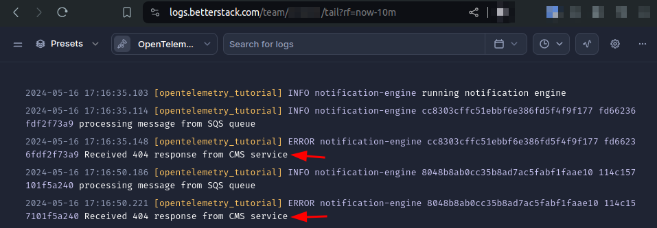 Better Stack error log