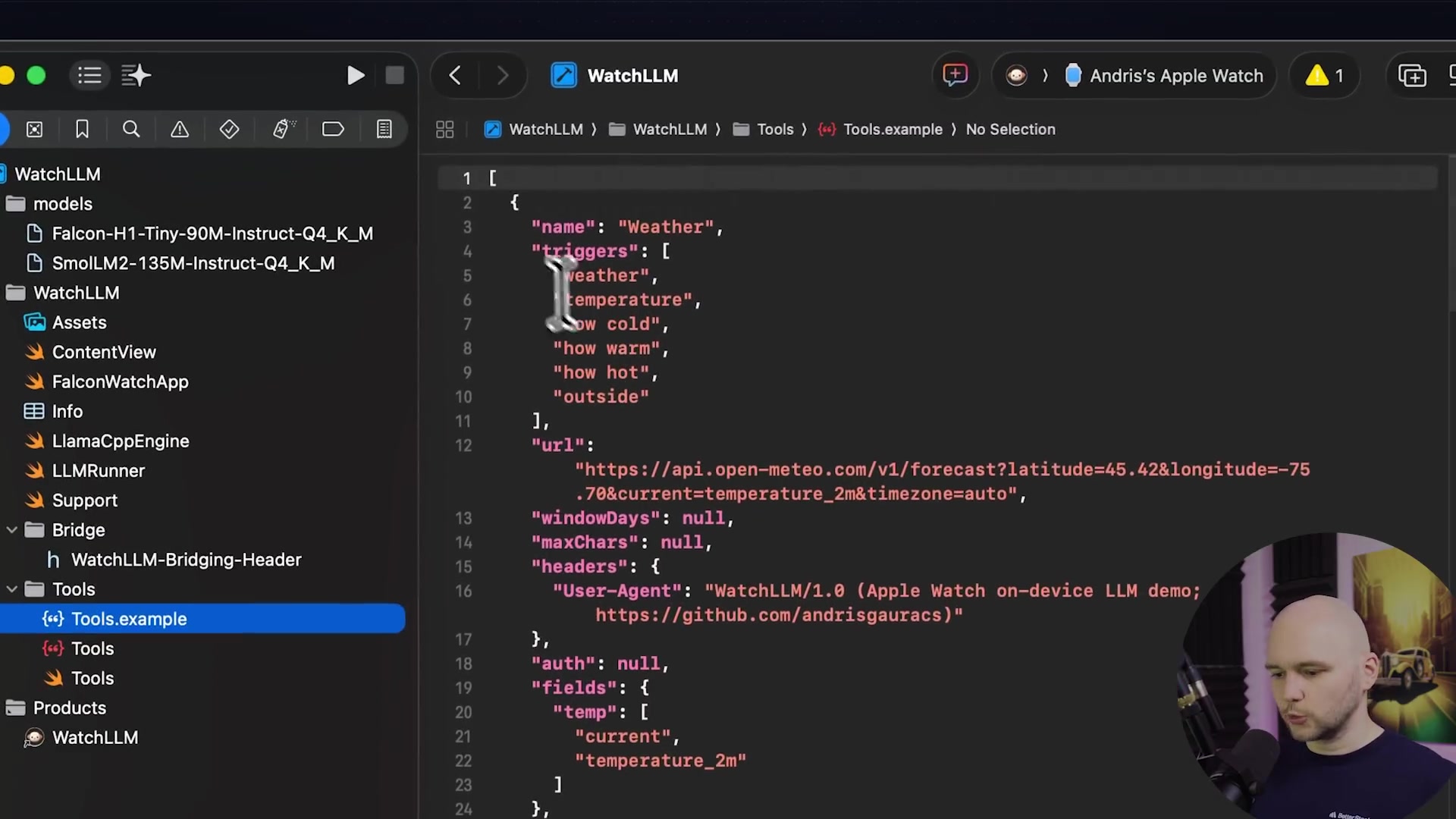 A code snippet of the `Tools.example` JSON file, showing the structure for defining tools like "Weather" and "Bitcoin price".
