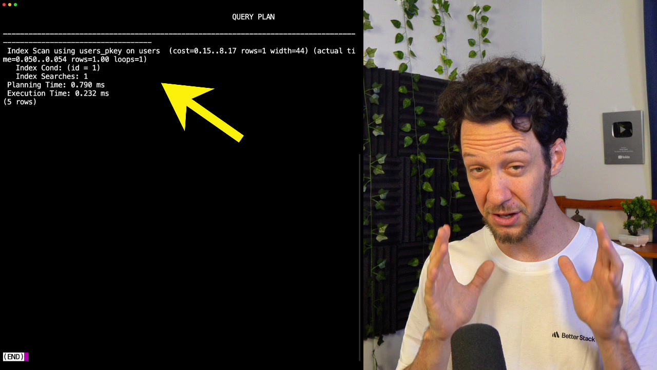 The terminal output of the `EXPLAIN ANALYZE` command, clearly showing the "Index Scan" chosen by the PGRust.jpg