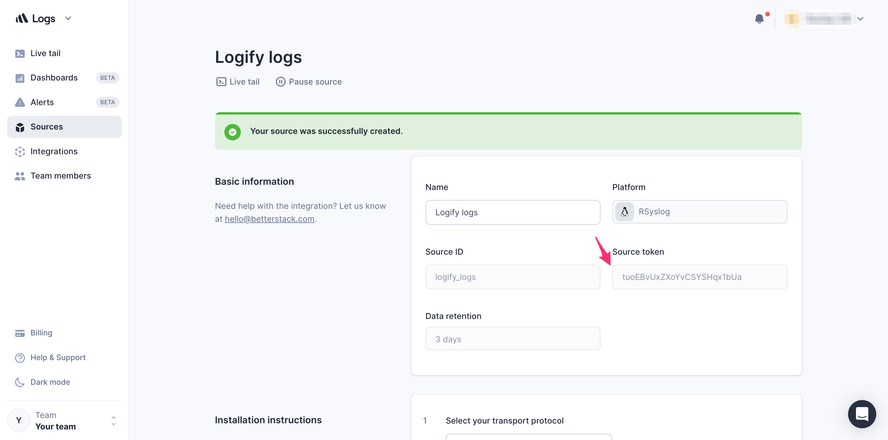 Screenshot of the Better Stack interface with the source filled as "Logify logs" and platform chosen as "Rsyslog"