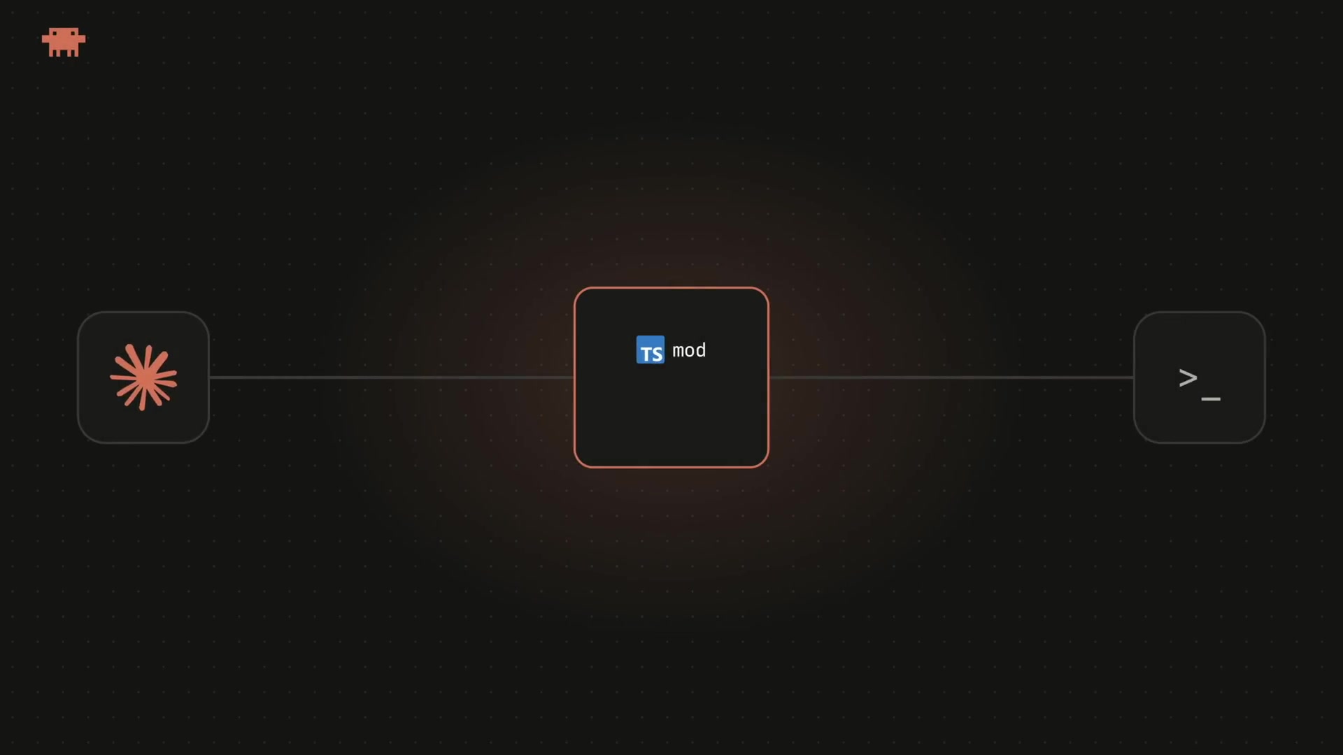 An animation showing the flow of events from Claude Code, through a TypeScript mod which can observe, rewrite, or skip them, before they reach the terminal.