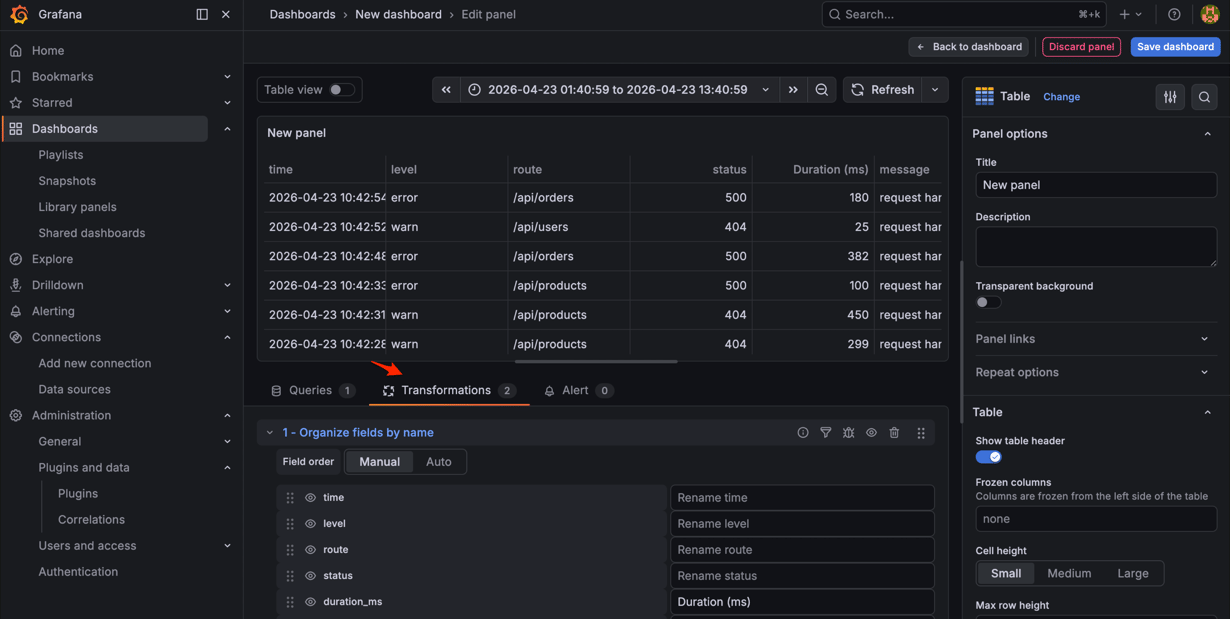 Log table panel in Grafana