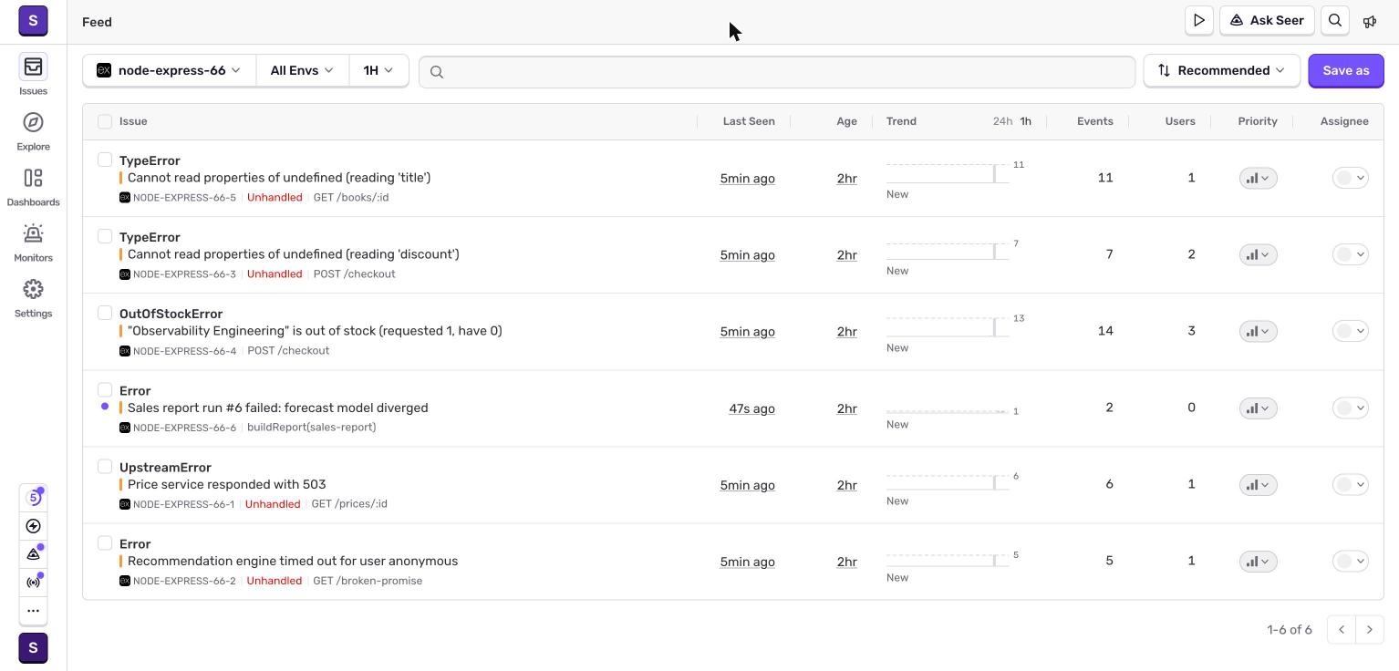 Screenshot: sentry-01-issues-list
