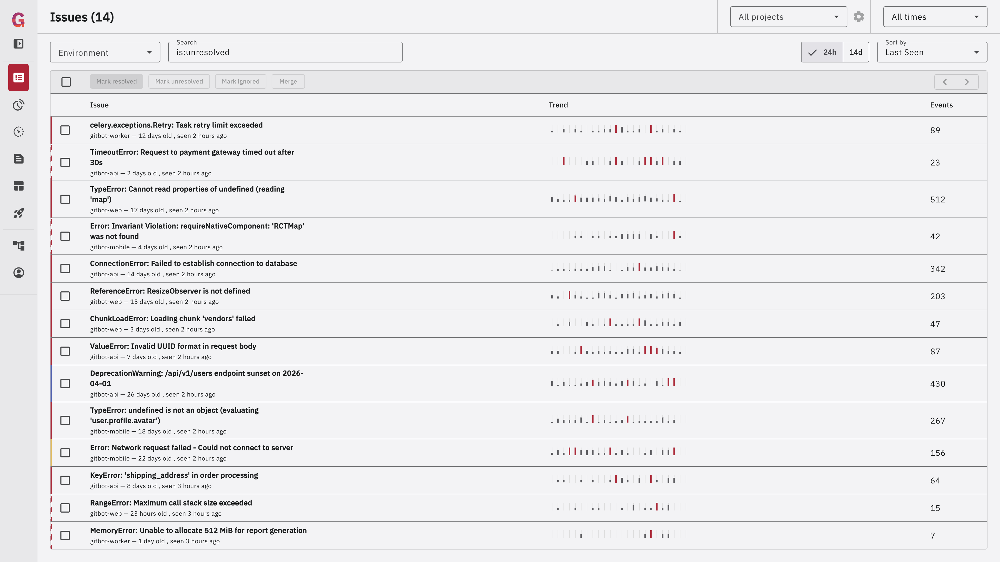 Screenshot of GlitchTip error tracking
