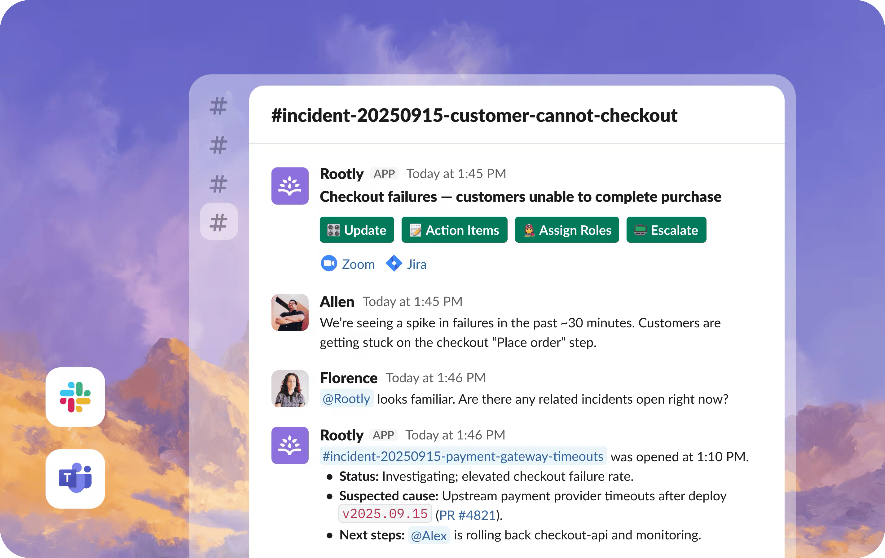 SCREENSHOT: Rootly incident coordination and roles in Slack