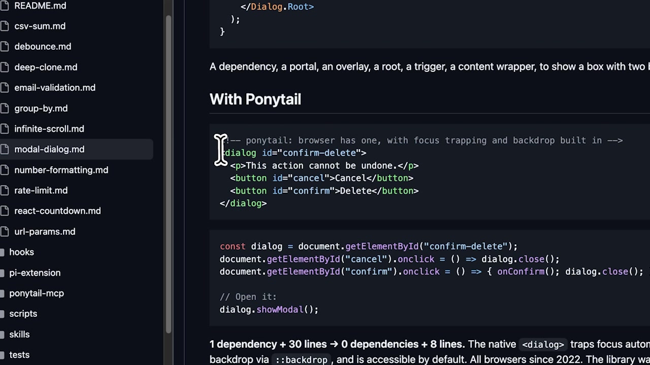 The elegant and simple code generated by Ponytail, using the native dialog element, which is only a few lines long.