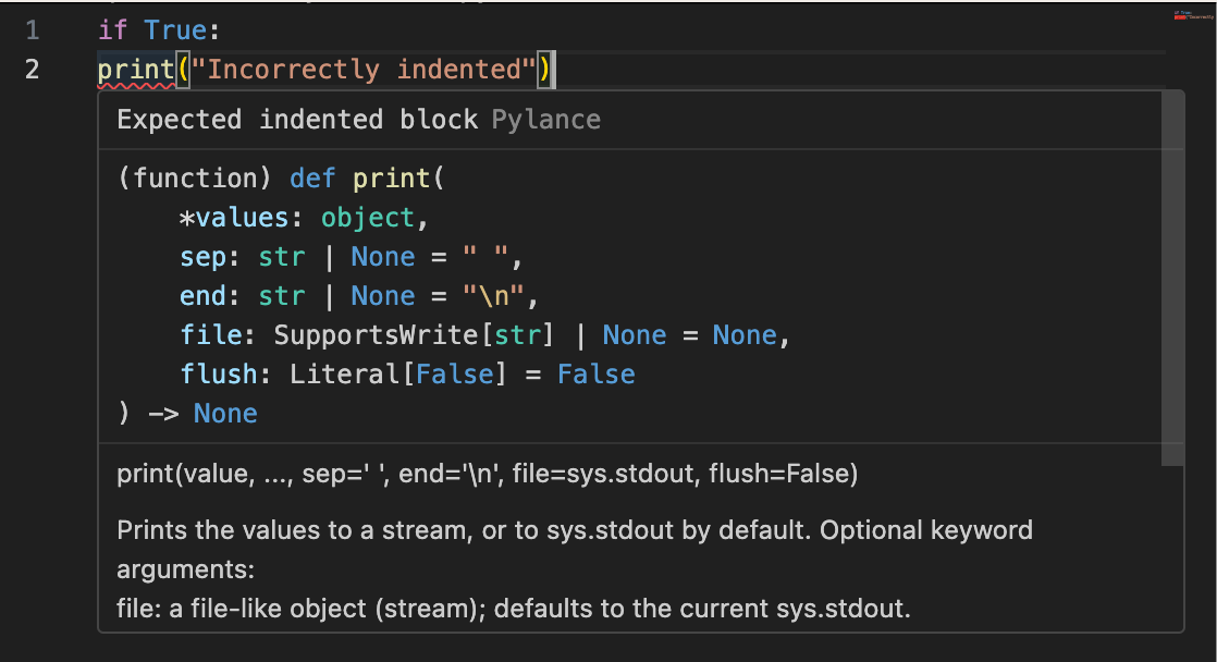 Screenshot of a linter identifying indentation errors