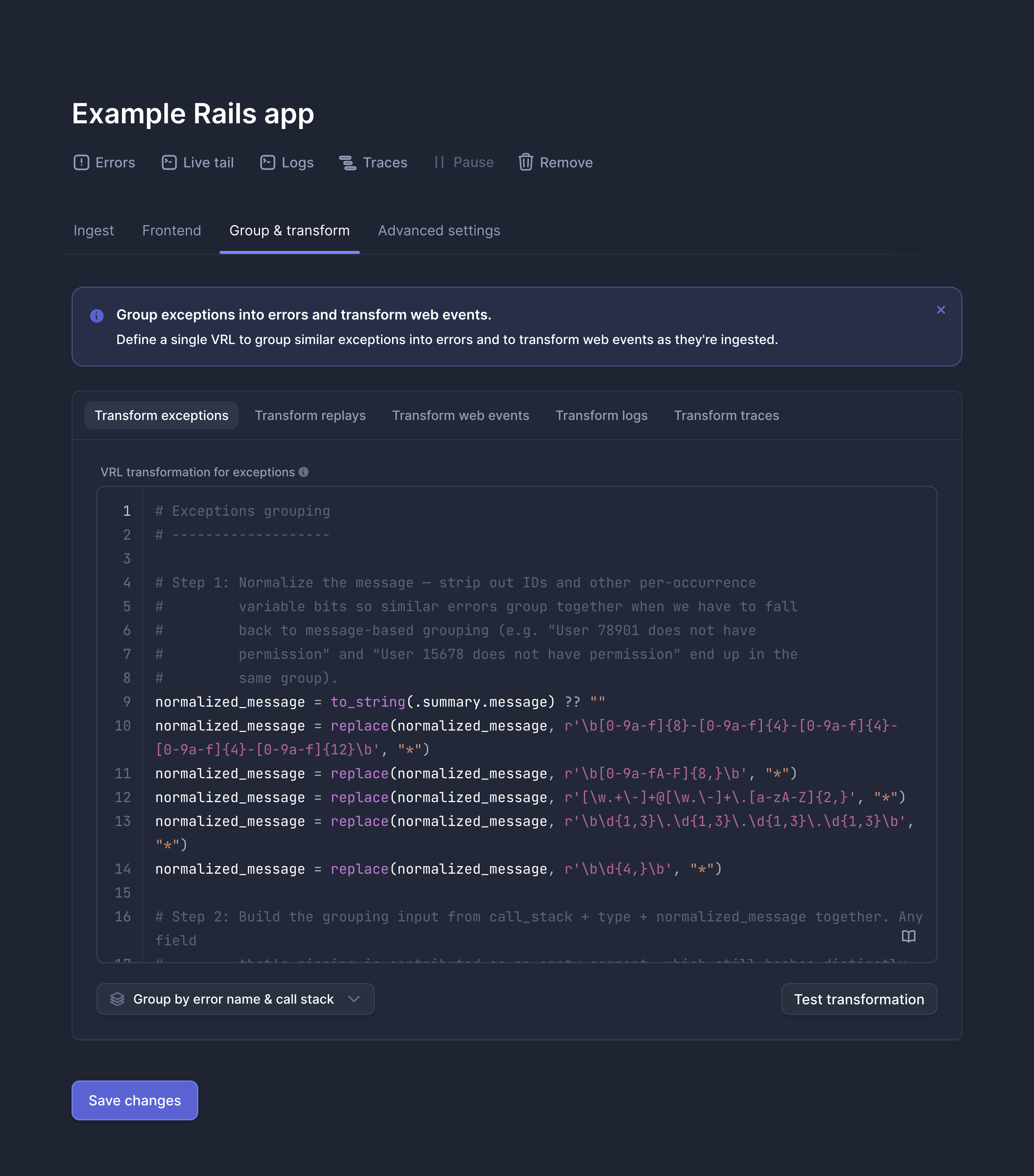 Group & transform tab of an errors application
