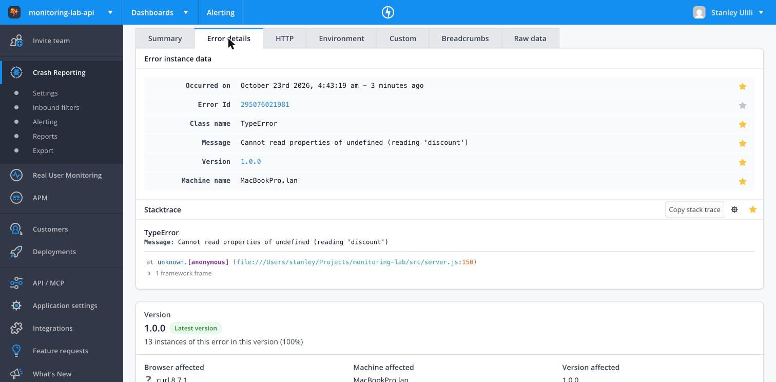 Raygun backend stack trace with no source lines