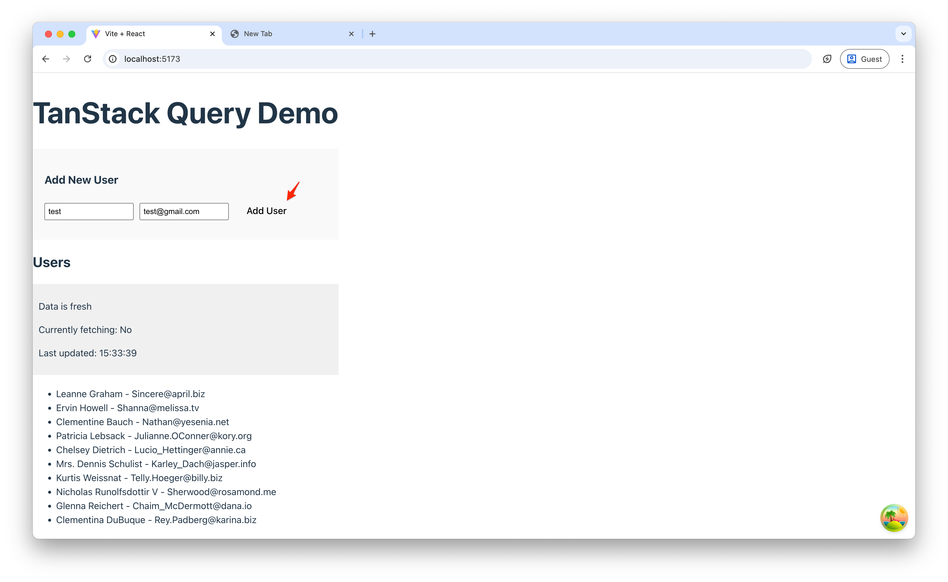 Screenshot showing the AddUser form component above the user list