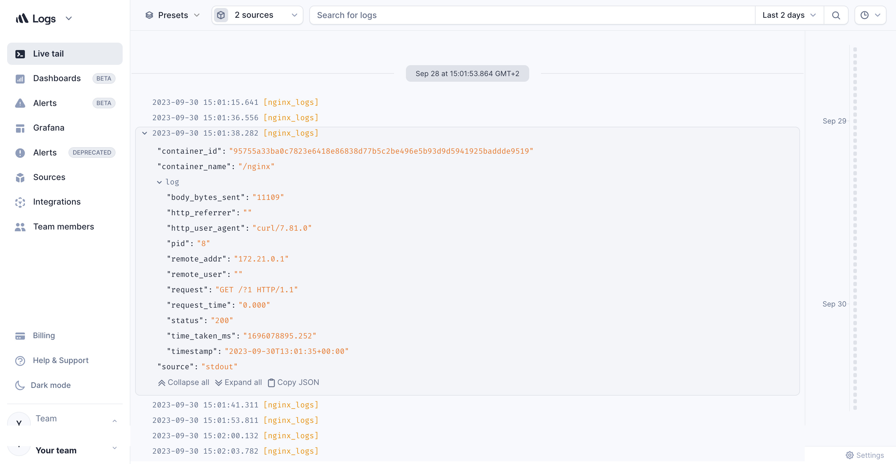 Screenshot of Nginx logs delivered to Better Stack