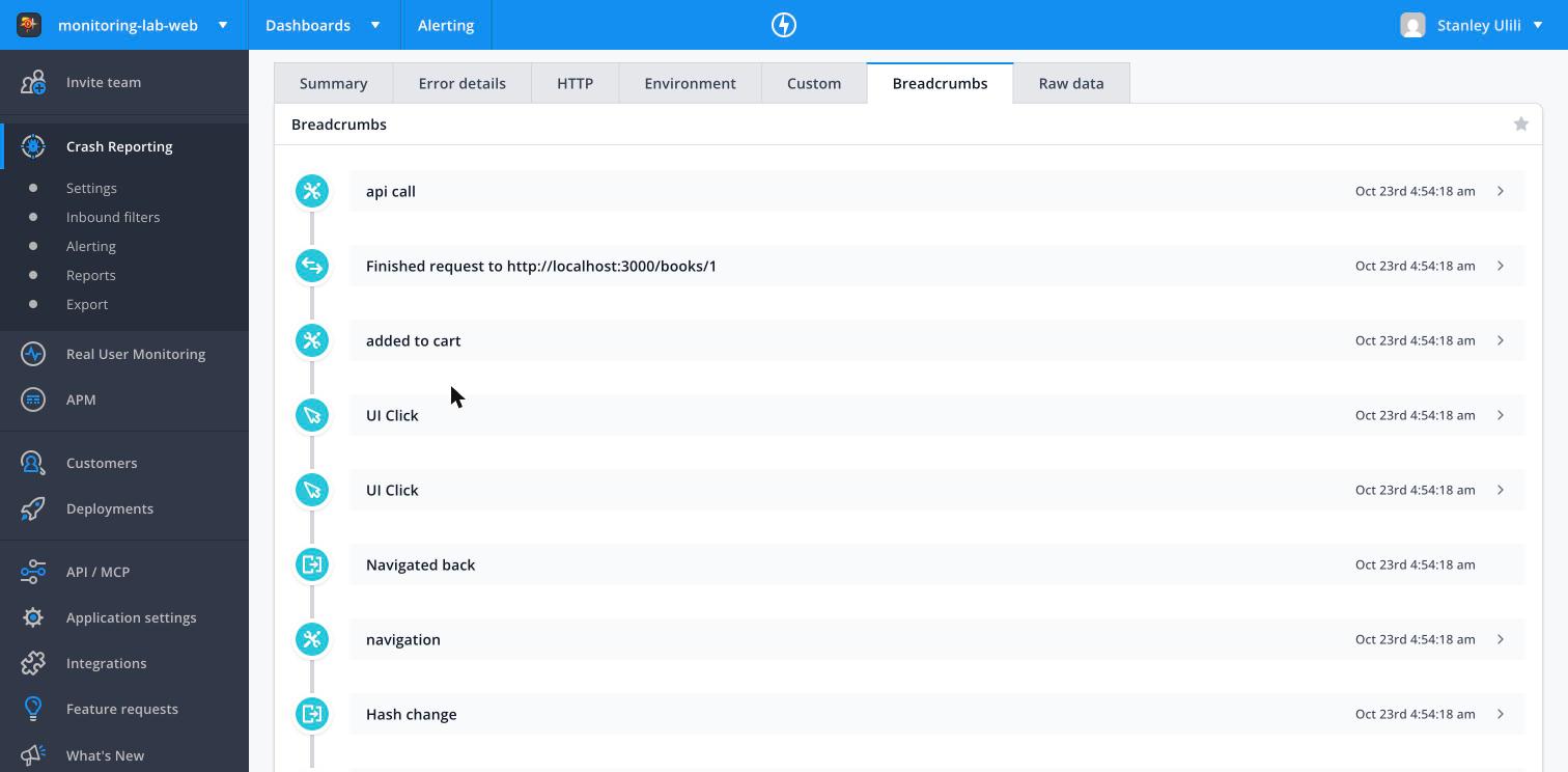 Raygun browser breadcrumbs before an error