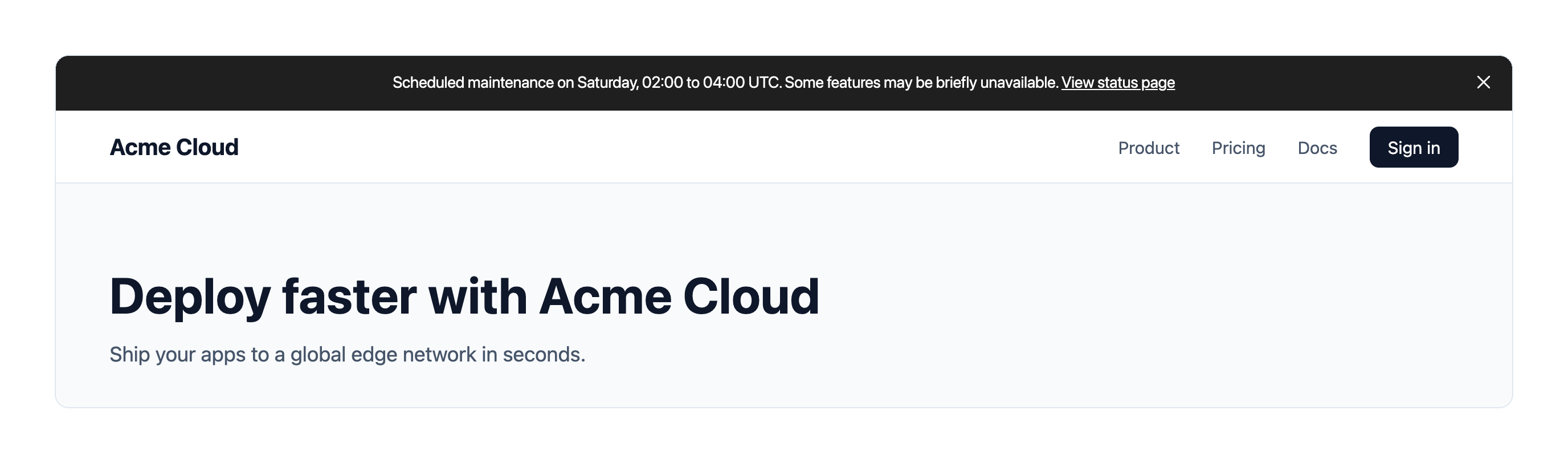 Embedded announcement at the top of a website