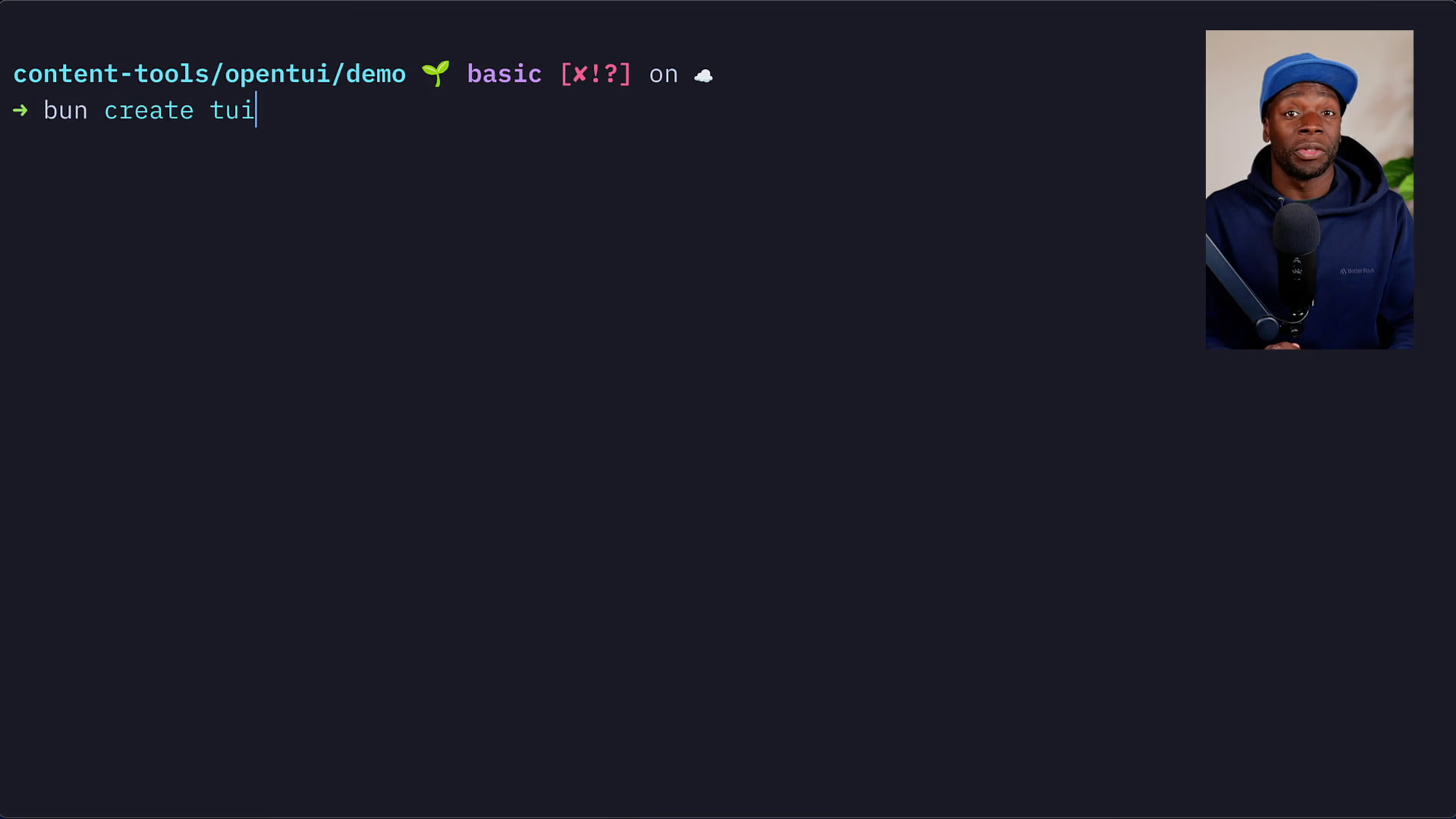 Terminal showing the bun create tui command starting the interactive project setup wizard