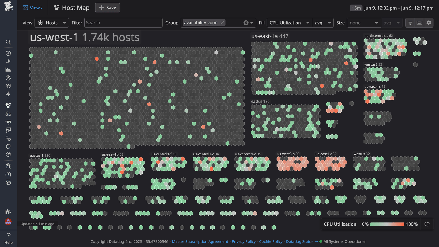 Datadog Host Map showing fleet visualization with color-coded health indicators alongside the Kubernetes cluster monitoring view