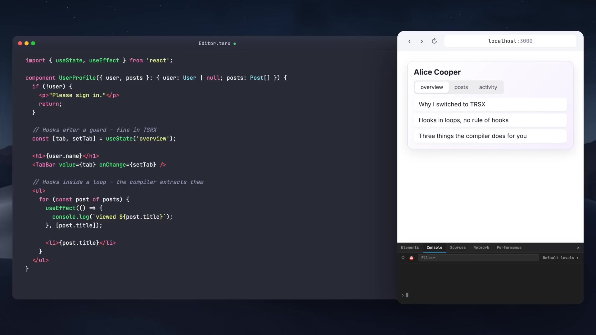 TSRX component demonstrating useState and useEffect hooks within conditional blocks and loops