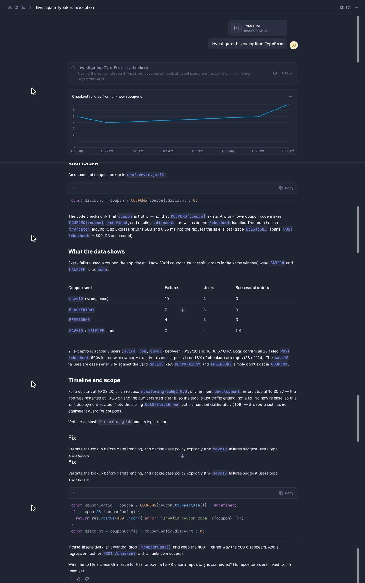 Better Stack AI SRE investigation of the coupon TypeError