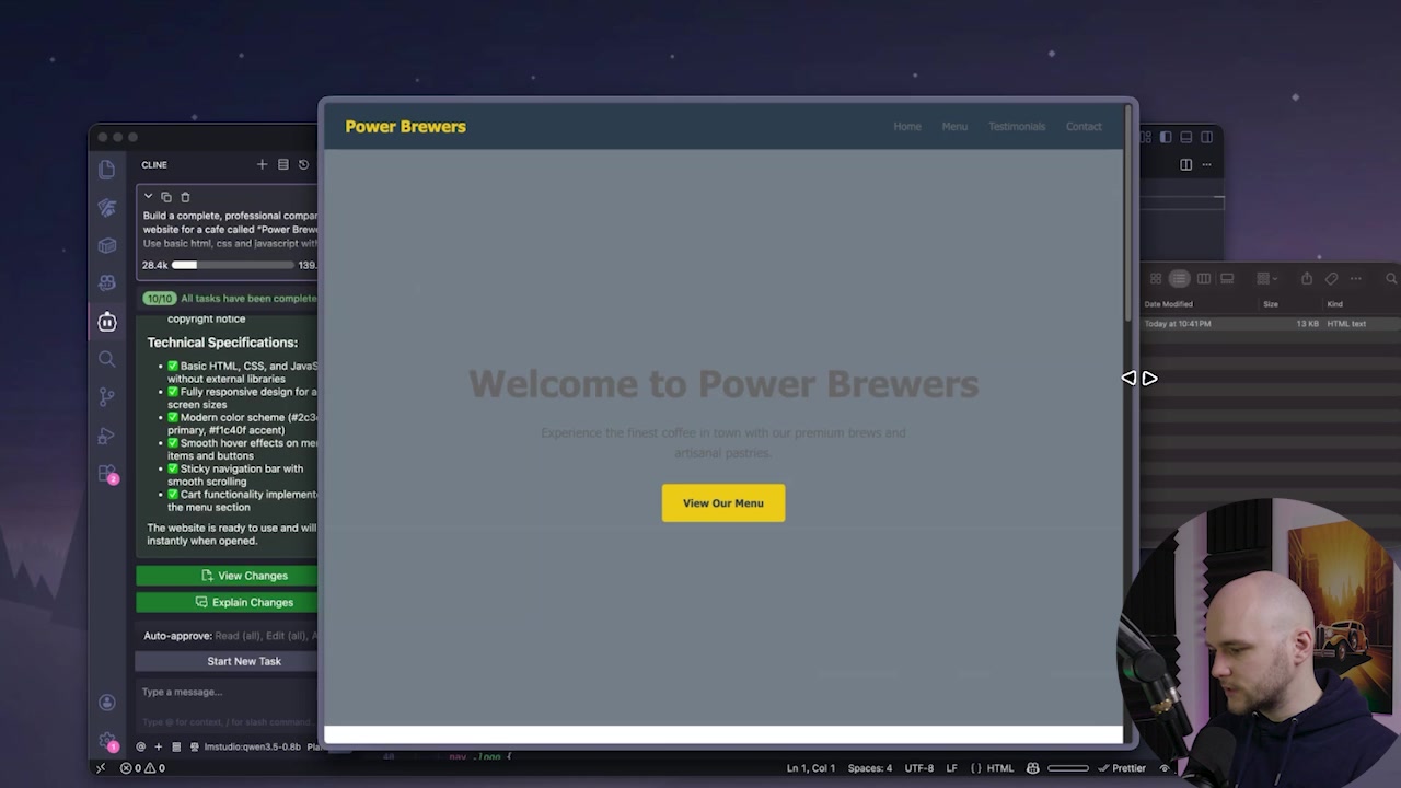 VS Code window with generated code alongside the resulting Power Brewers website in a browser, showing a functional but visually simple gray design