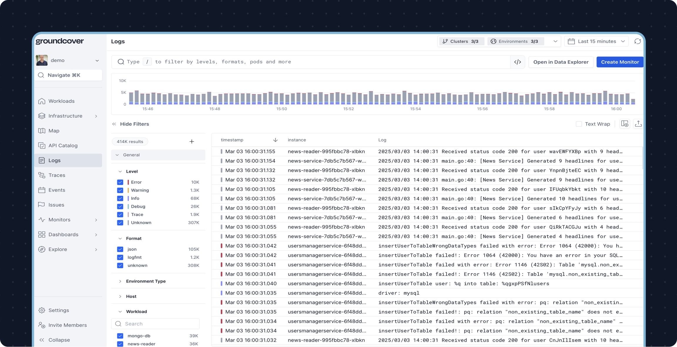SCREENSHOT: groundcover log explorer interface