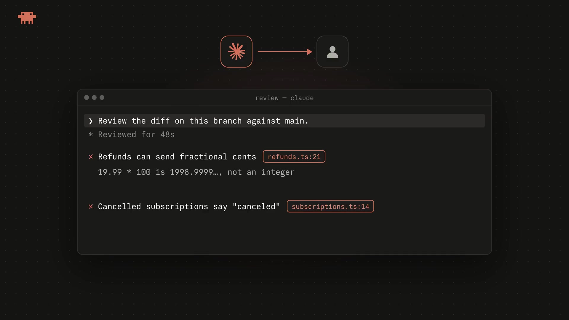 A screenshot of a code review output, highlighting a bug related to fractional cents in a `refunds.ts` file, complete with file/line reference and a code snippet.