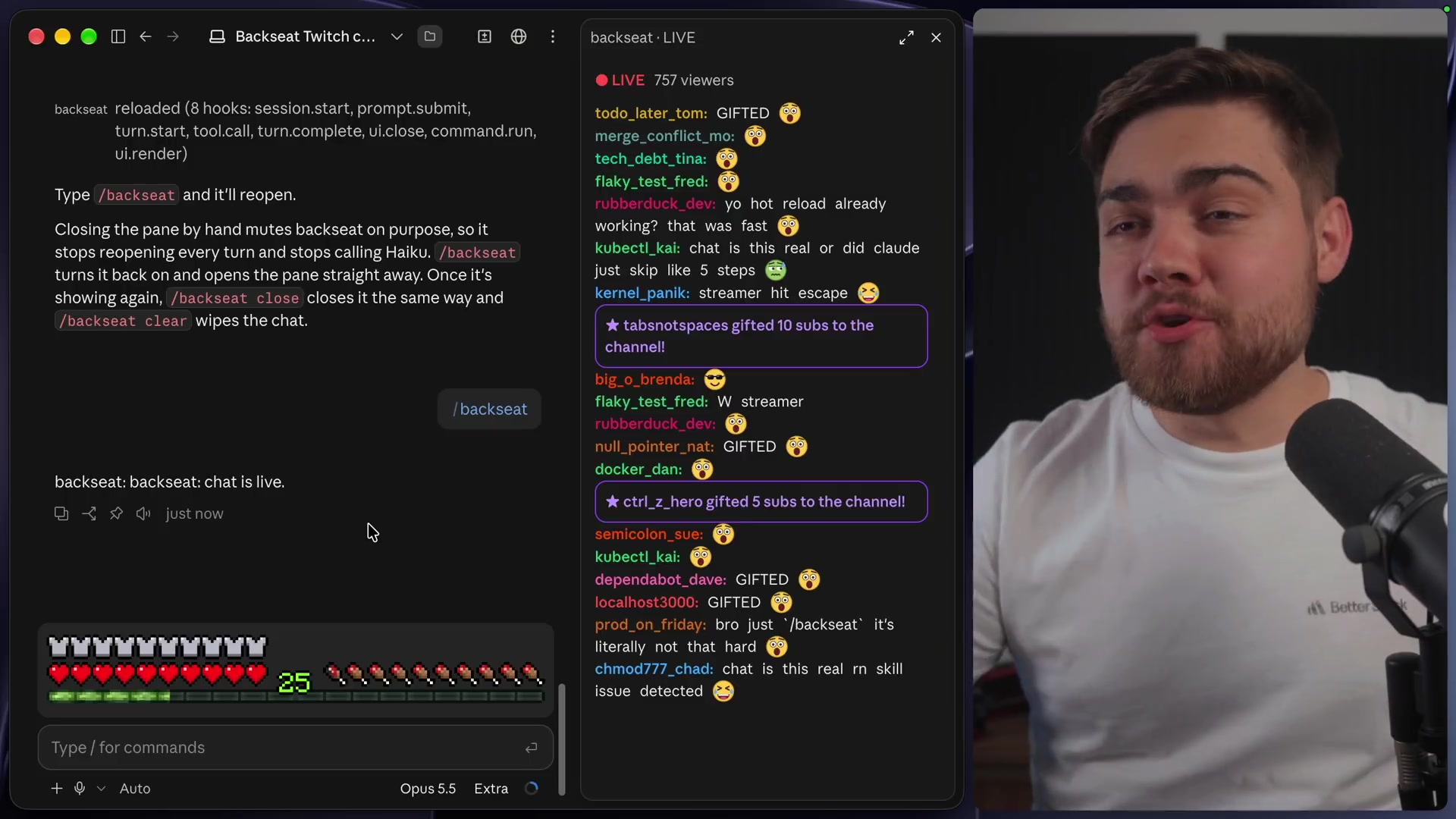 The Claude Code interface with the "Backseat - LIVE" pane on the right, showing a stream of colorful, AI-generated chat messages reacting to the ongoing task.