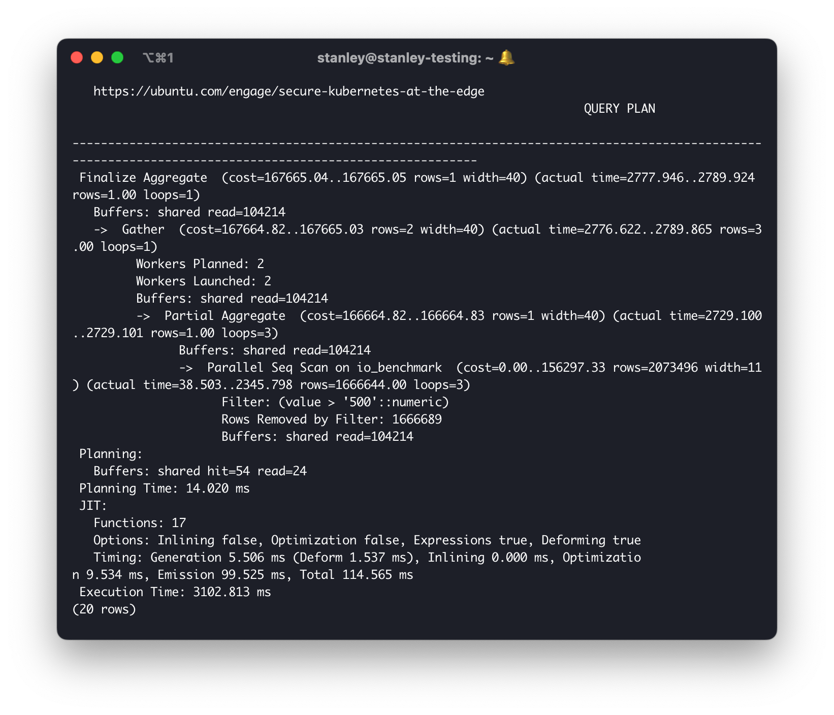 Screenshot of the performance output