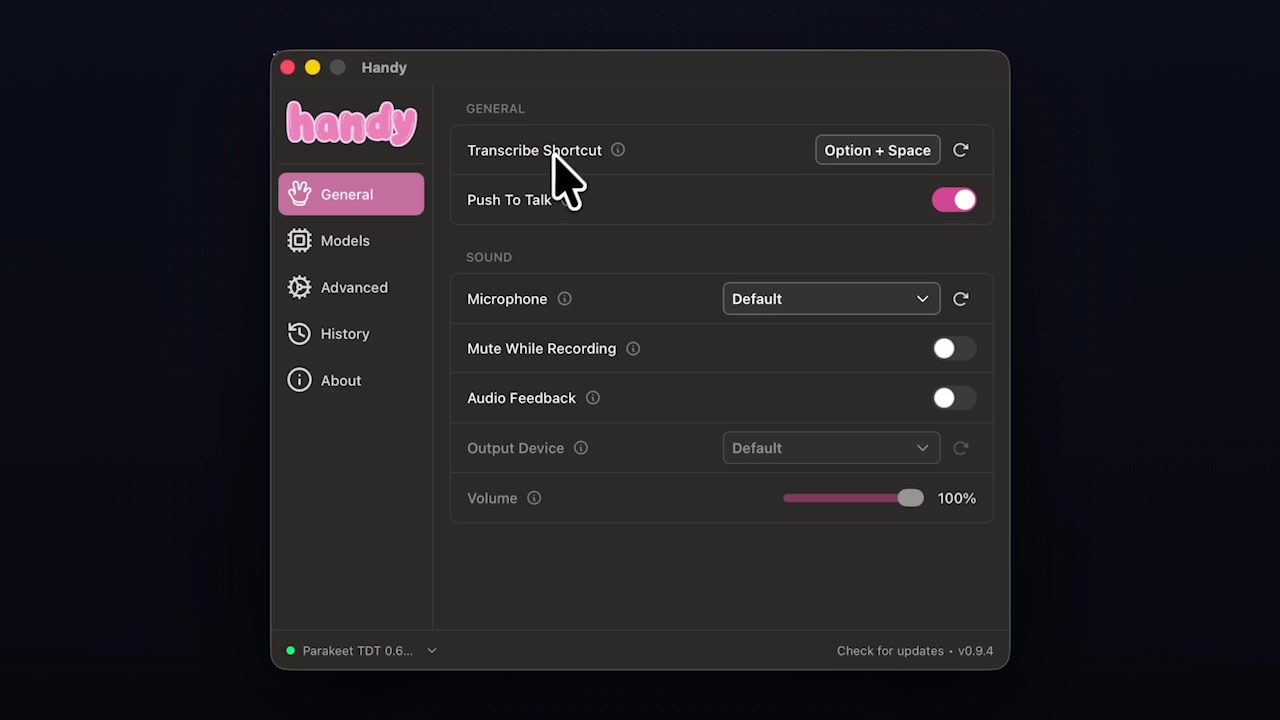 The "General" settings tab in Handy, where users can configure the main transcription shortcut and set up Push To Talk mode.