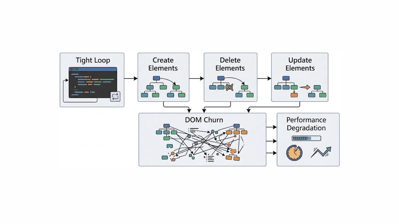 Illustration showing how a tight loop of creating, deleting, and updating elements leads to DOM churn and performance degradation