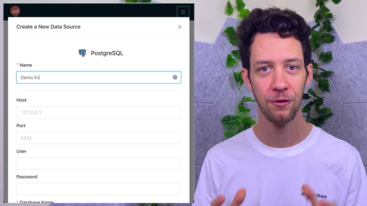 The "Create a New Data Source" form for PostgreSQL showing fields for Name, Host, Port, User, Password, and Database Name