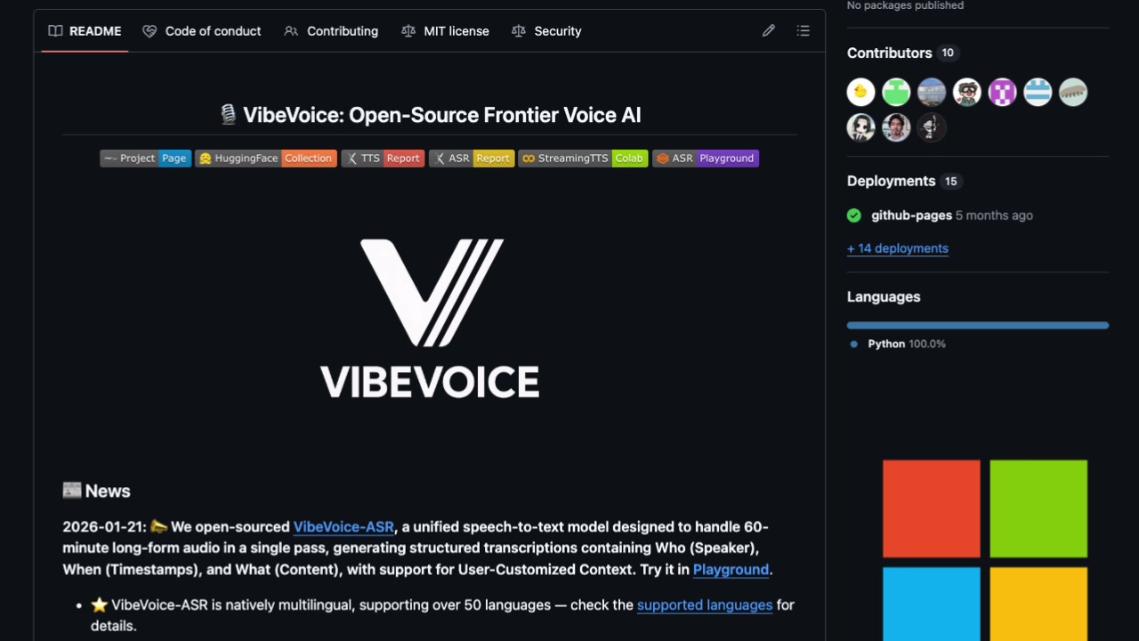 The main landing page of the VibeVoice GitHub repository, showing the project title and initial description.
