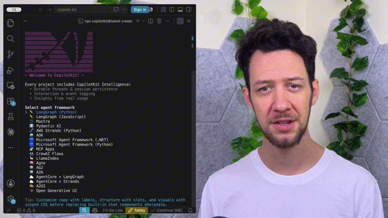 Interactive setup showing the list of selectable agent frameworks including LangGraph and Pydantic AI