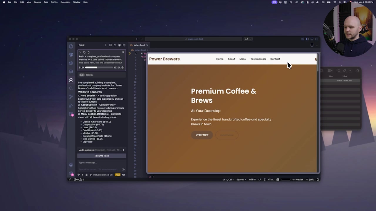 Website generated by the 2B model showing a cleaner brown-and-white themed design with a shopping cart sidebar