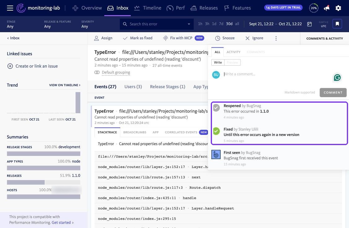 BugSnag activity showing the error reopened in 1.1.0