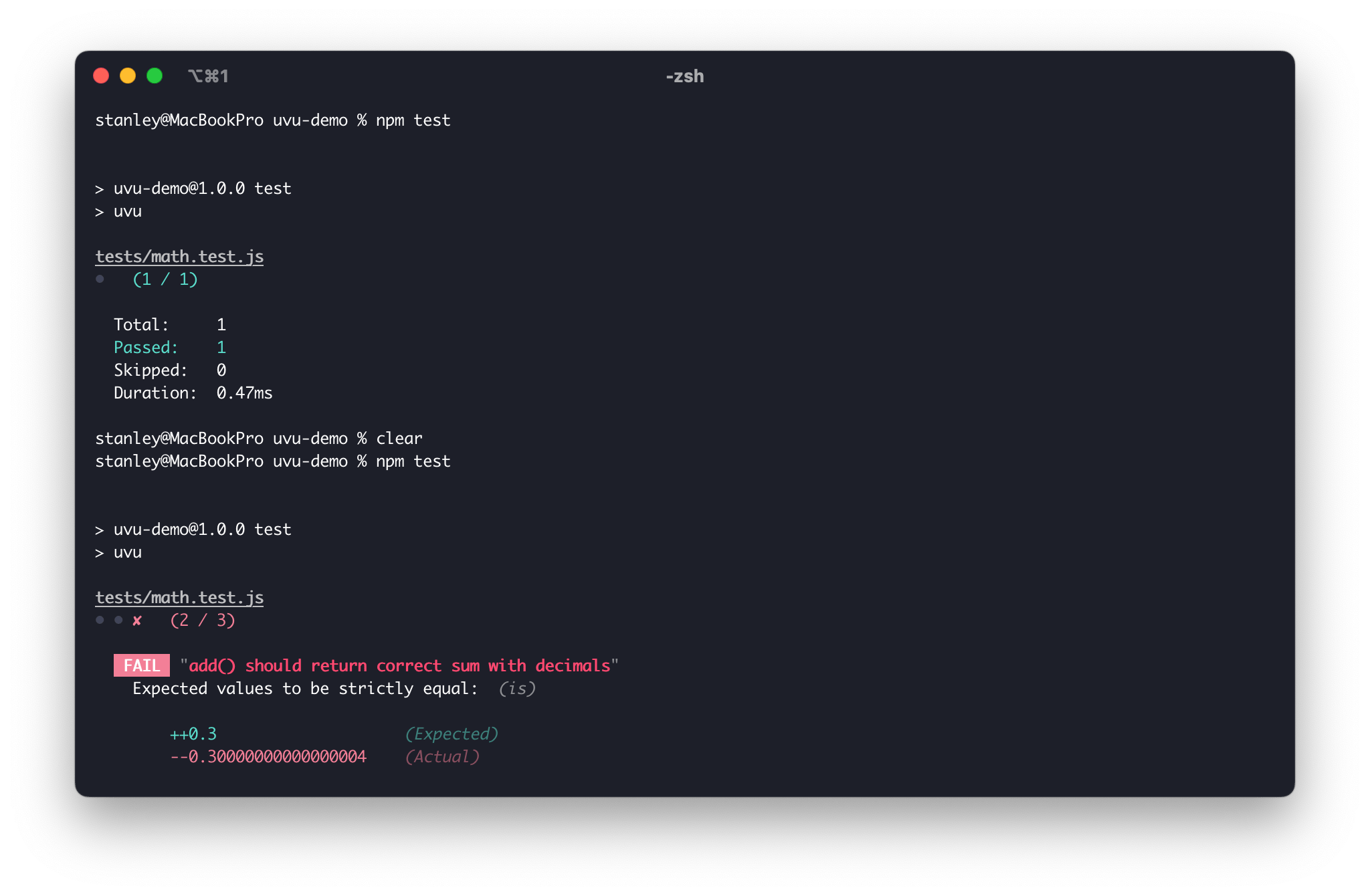 Screenshot of the tests output with one failing test