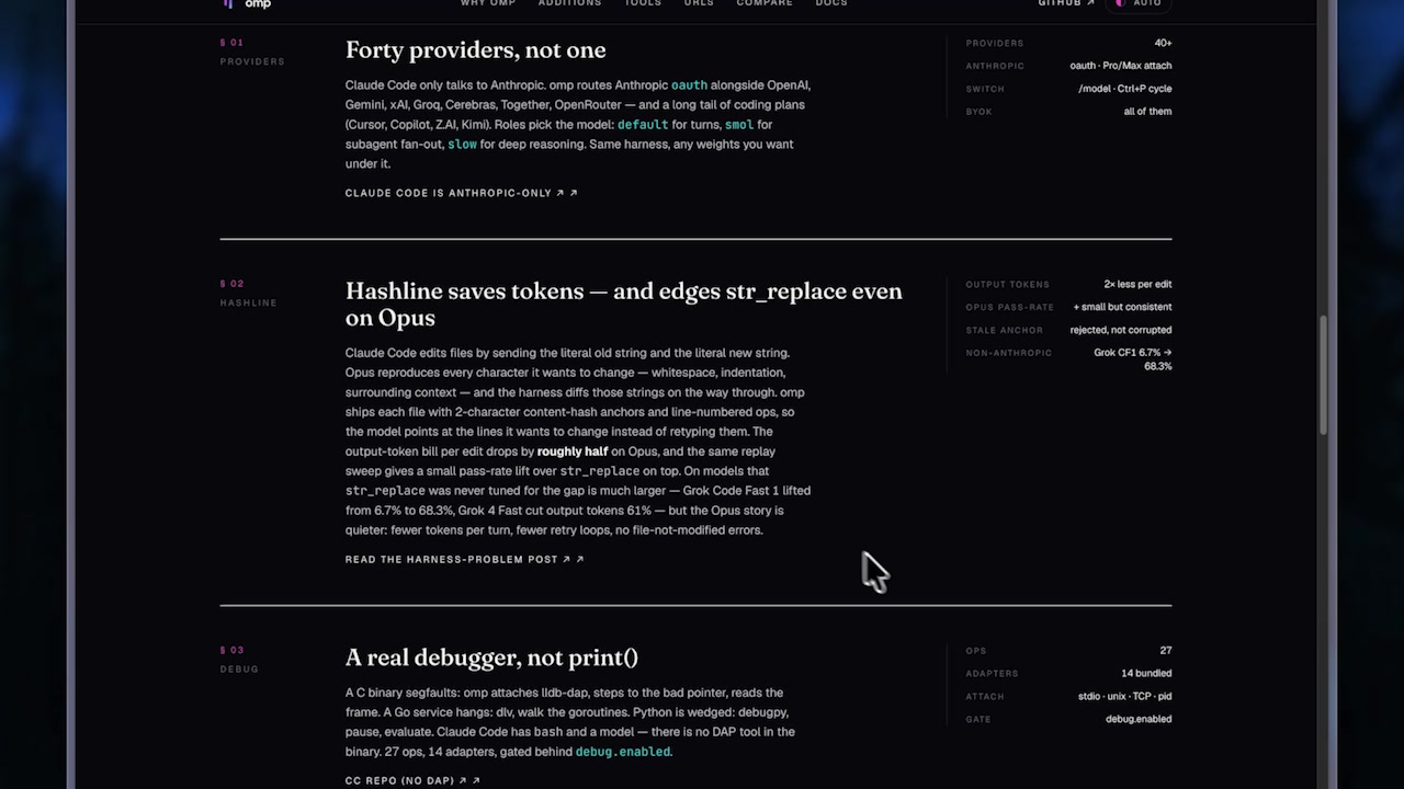 OMP website explaining Hashline Edits stating they "save tokens — and edges str_replace even on Opus"