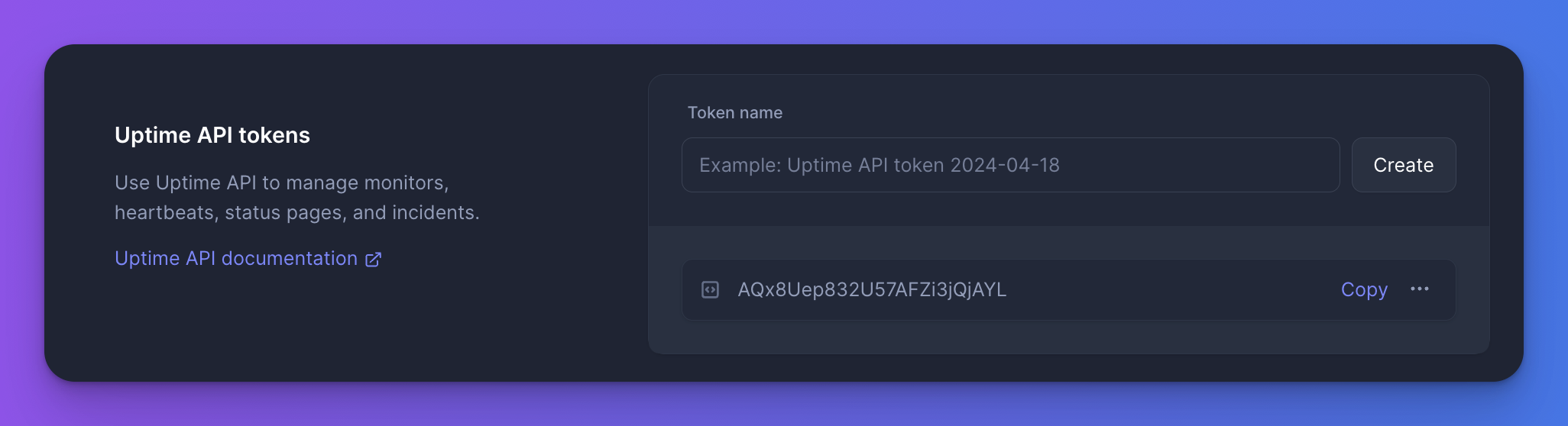 Screenshot of Uptime API tokens